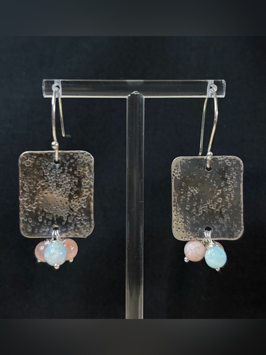 Hand Crafted Jewelry - Sterling Silver Aquamarine and Rose Quartz Artisan Hand Crafted Dangle Earrings